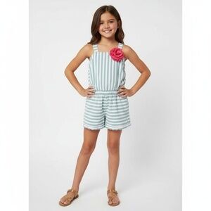 Kids Romper Size 6 White Light Blue‎ Striped Elastic Waist Scalloped Hem Summer